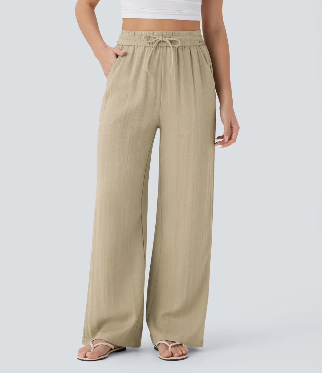 High Waisted Drawstring Pocket Wide Leg Linen-Feel Pants