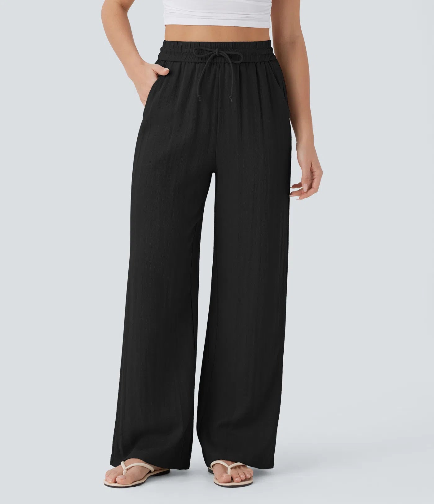 High Waisted Drawstring Pocket Wide Leg Linen-Feel Pants