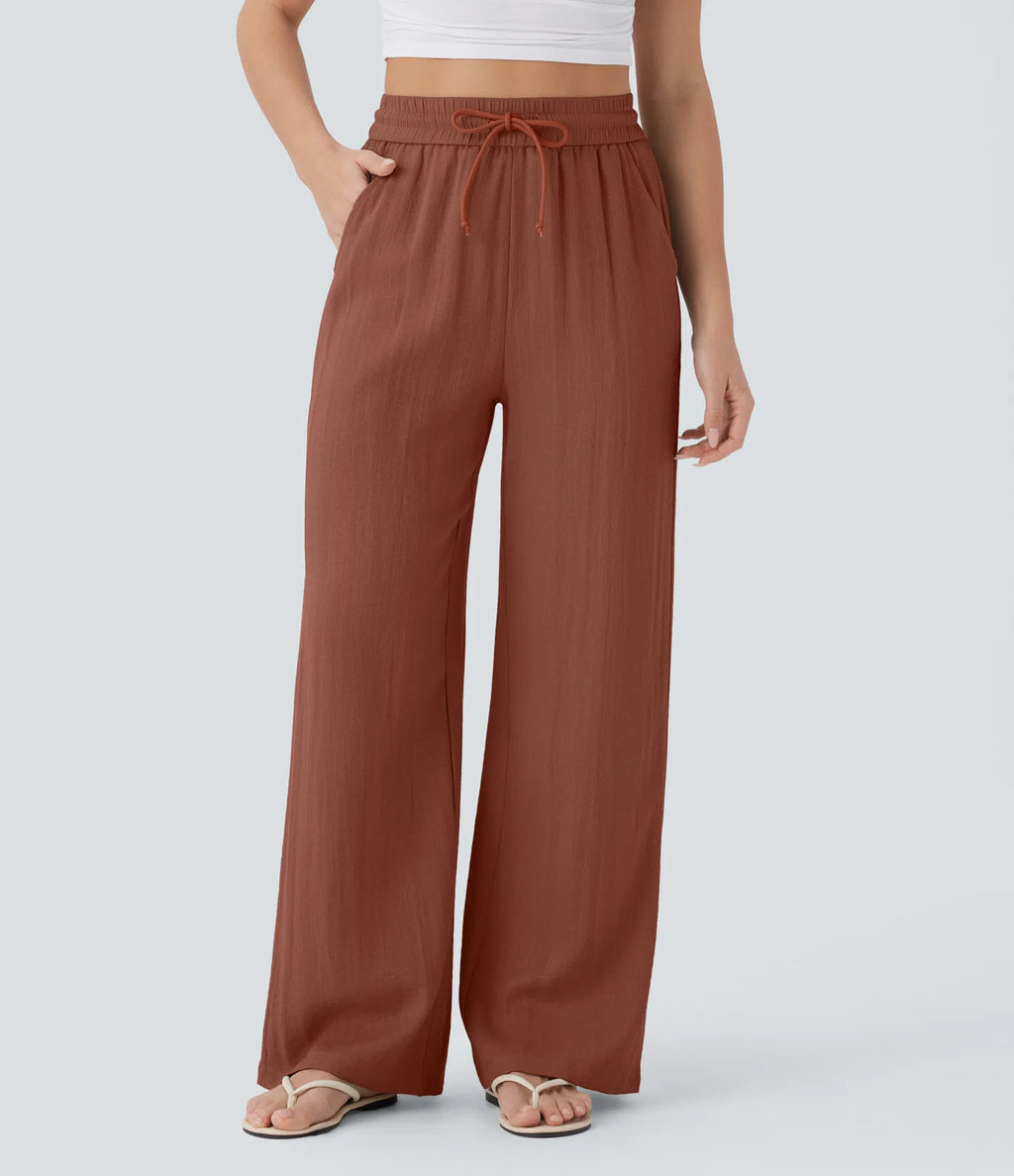High Waisted Drawstring Pocket Wide Leg Linen-Feel Pants