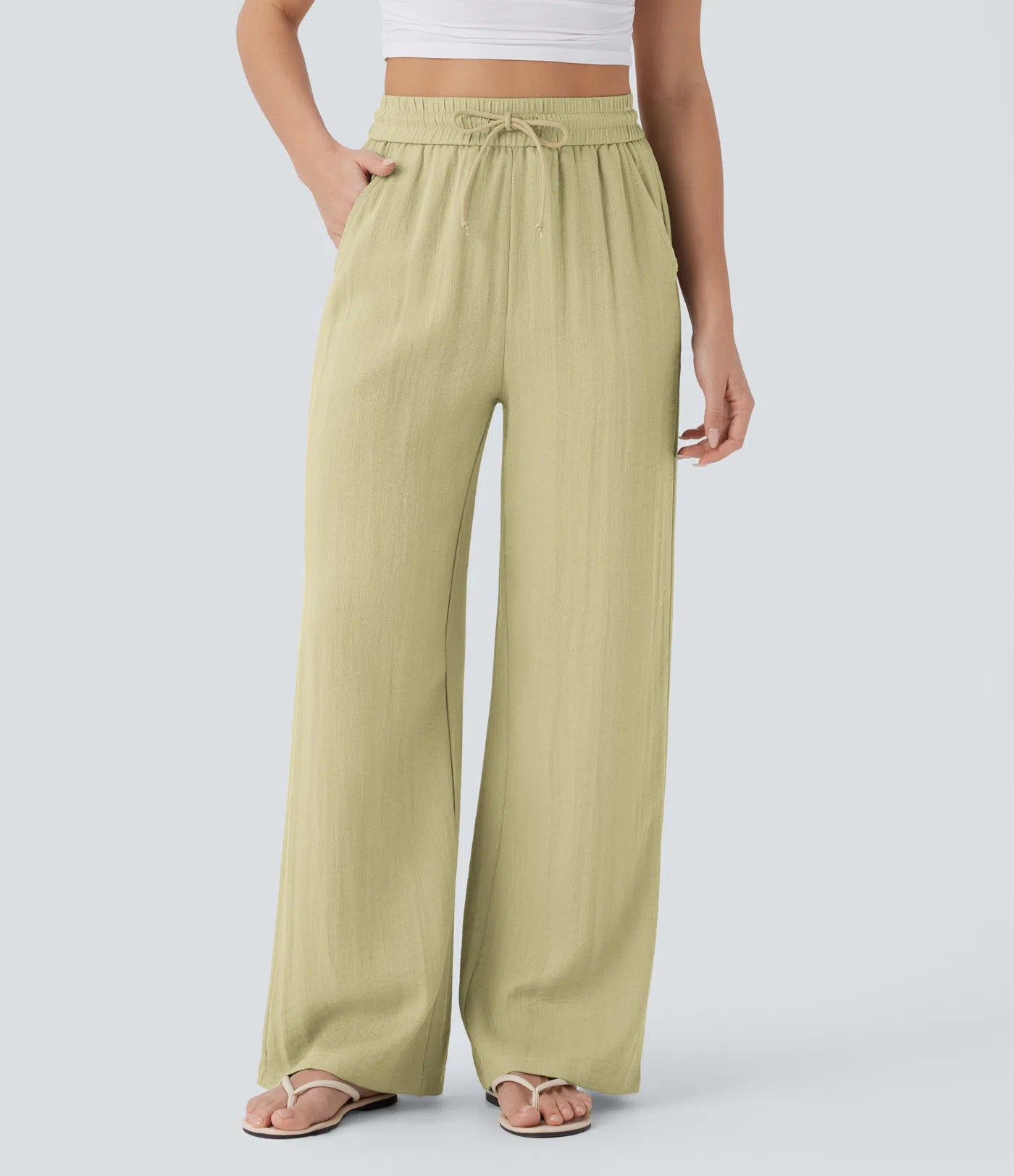 High Waisted Drawstring Pocket Wide Leg Linen-Feel Pants