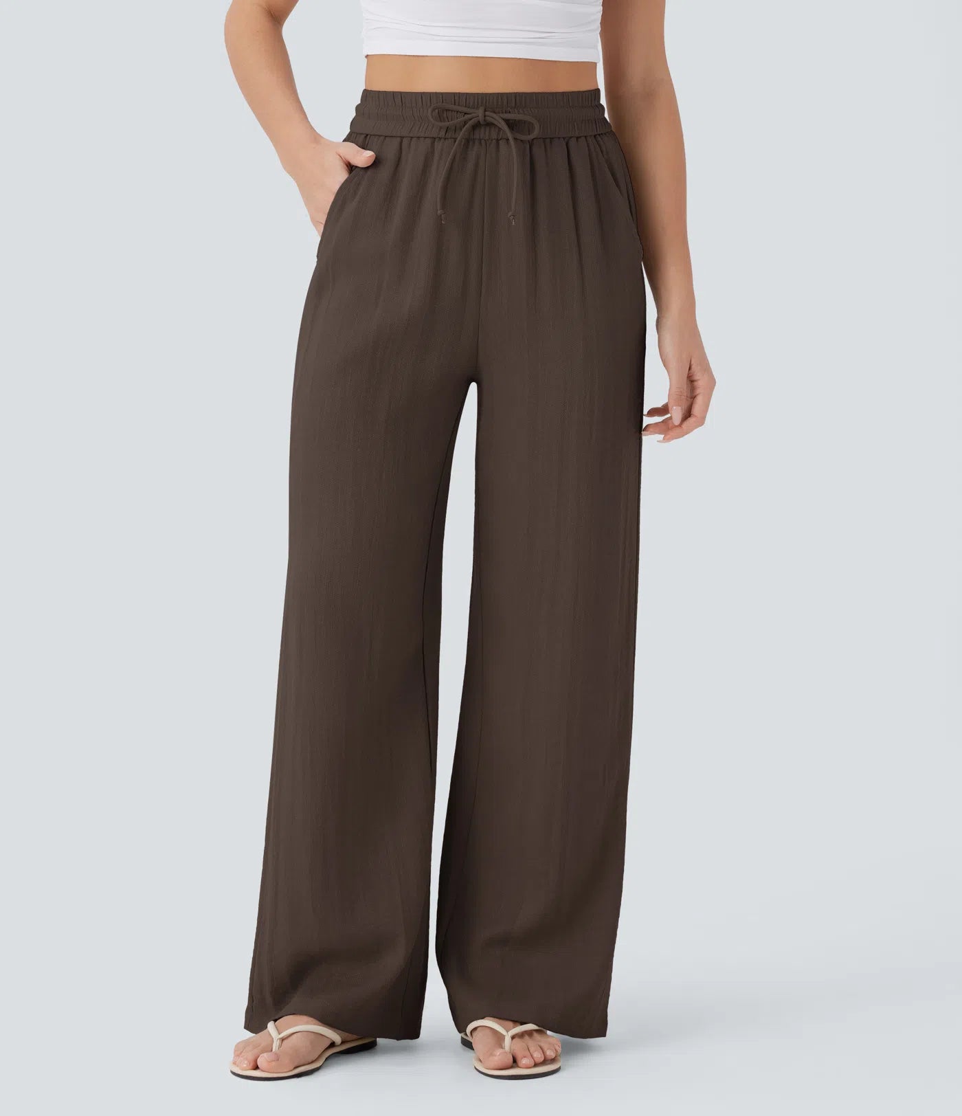 High Waisted Drawstring Pocket Wide Leg Linen-Feel Pants