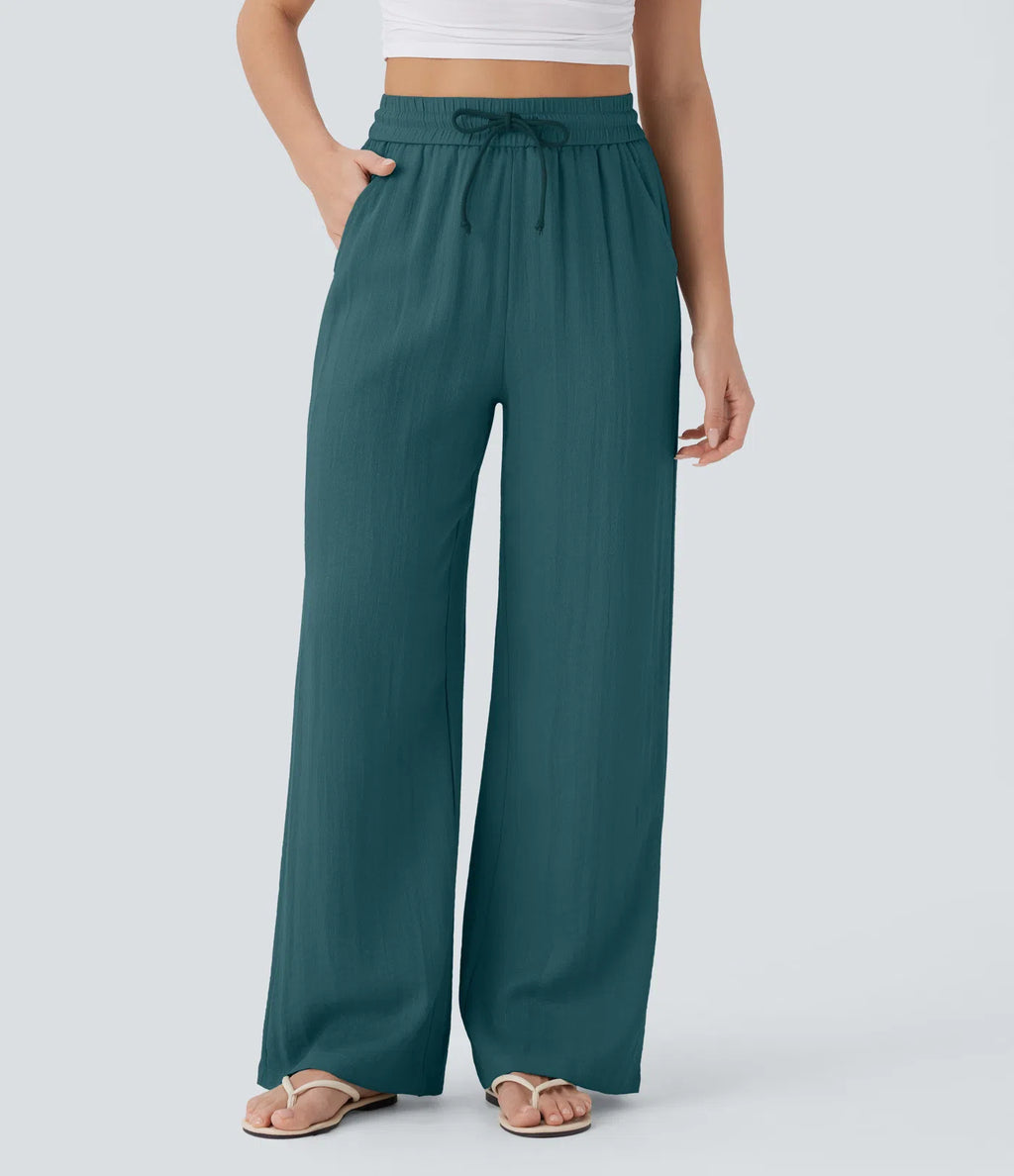 High Waisted Drawstring Pocket Wide Leg Linen-Feel Pants