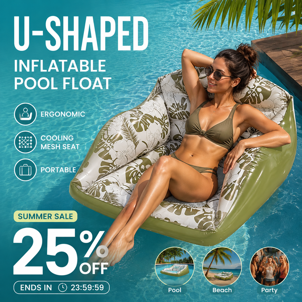 🏖️ LIMITED-TIME 50% OFF! ✨ U-Shaped Inflatable Pool Float – Ergonomic, Cooling Mesh Seat, Portable 🌴