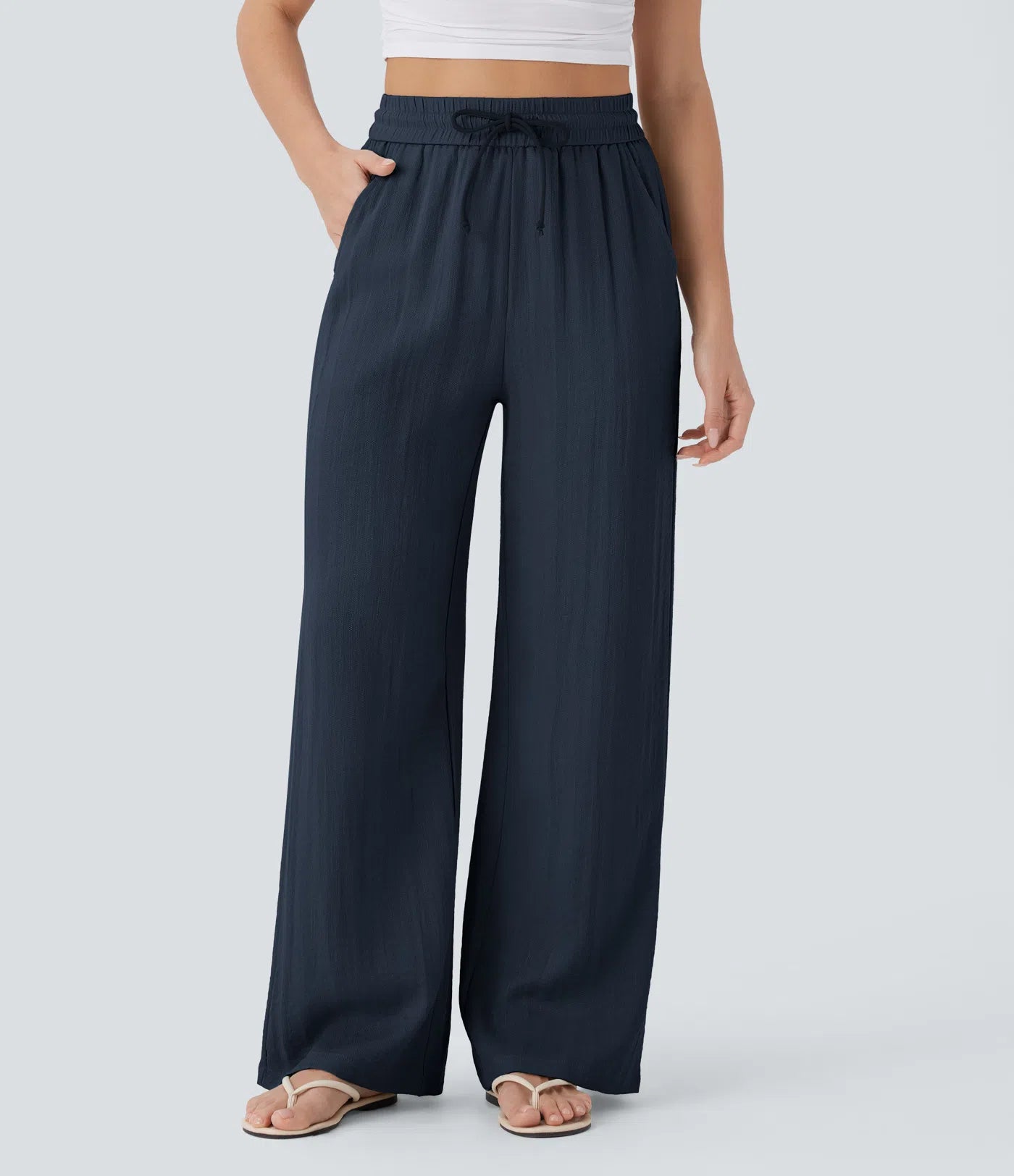 High Waisted Drawstring Pocket Wide Leg Linen-Feel Pants