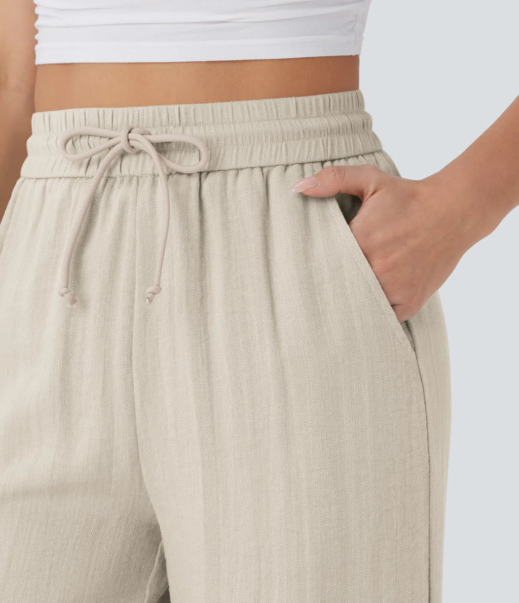 Close up of drawstring waistband and side pocket