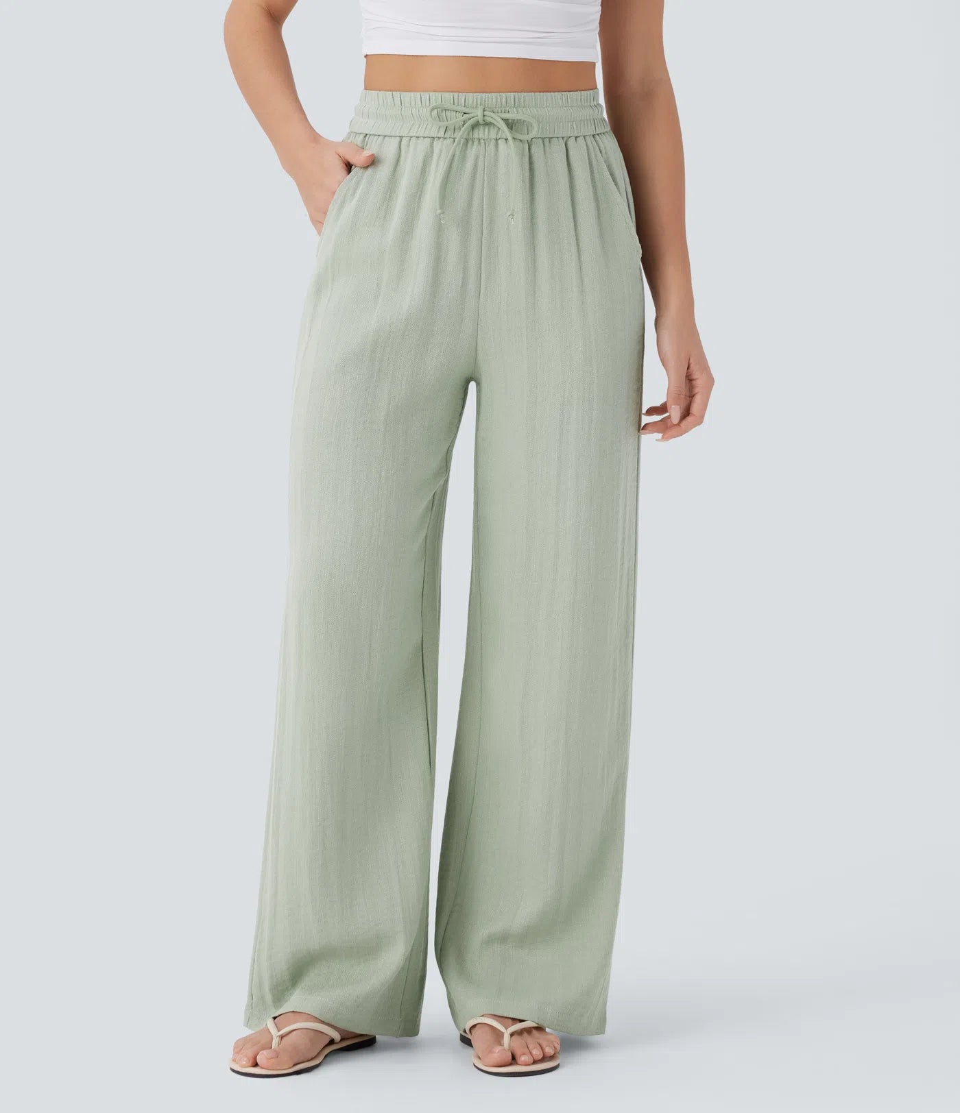 High Waisted Drawstring Pocket Wide Leg Linen-Feel Pants