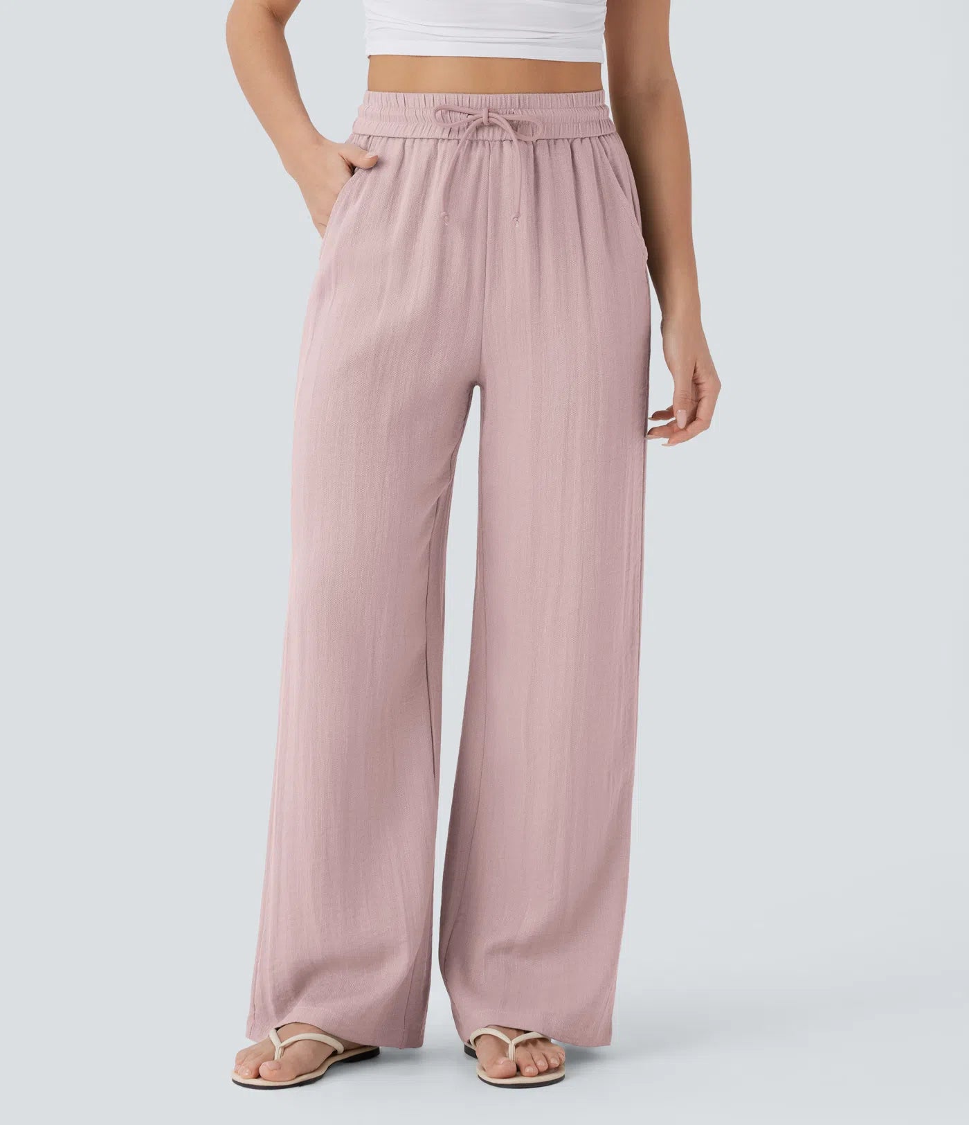 High Waisted Drawstring Pocket Wide Leg Linen-Feel Pants