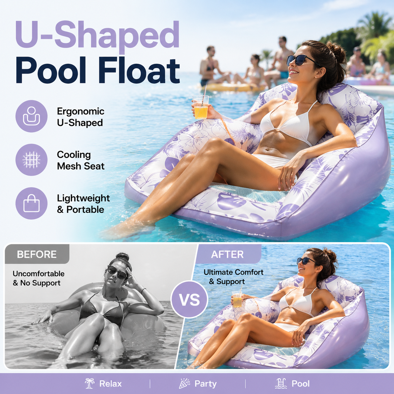 🏖️ LIMITED-TIME 50% OFF! ✨ U-Shaped Inflatable Pool Float – Ergonomic, Cooling Mesh Seat, Portable 🌴