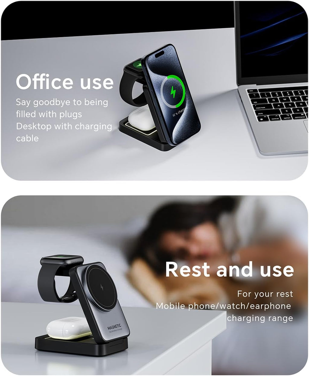 3-in-1 Wireless Charger for iPhone,Travel Magnetic Charger Stand Nightlight Foldable Wireless Charging Station Compatible with Magsafe Charger