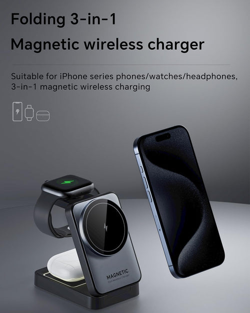 3-in-1 Kabelloses Ladegerät für iPhone, Reise-Magnet-Ladestation, Nachtlicht, faltbare kabellose Ladestation, kompatibel mit Magsafe Ladegerät