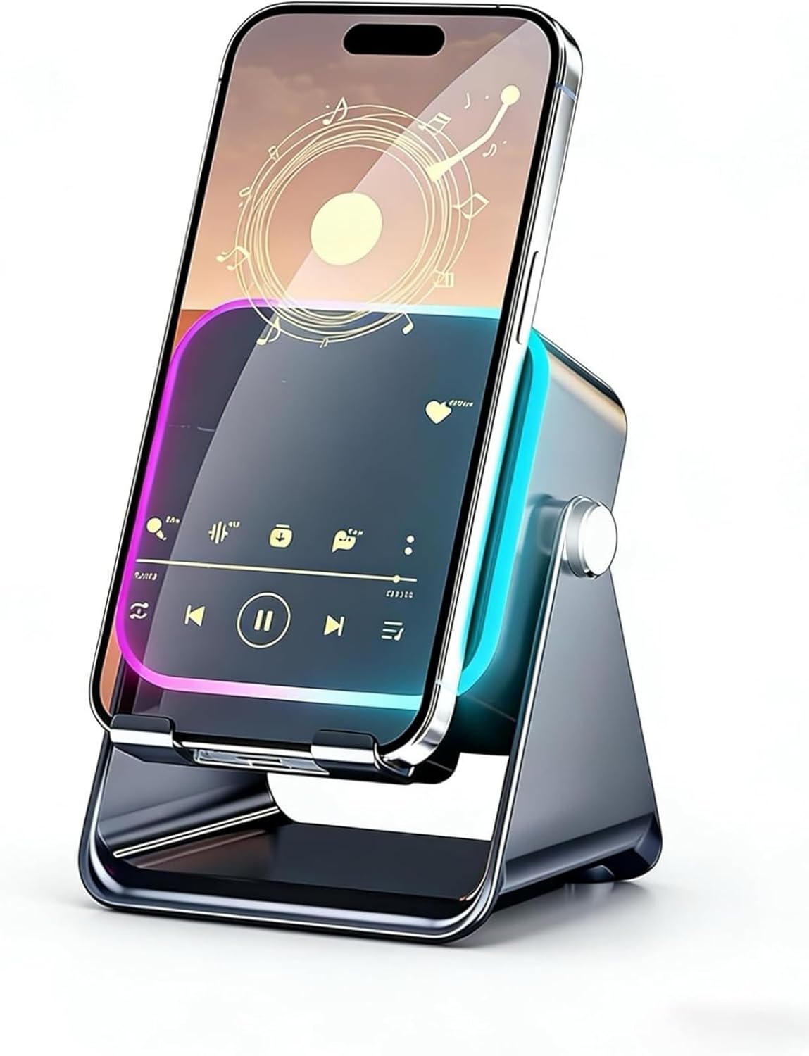 5-in-1 Wireless Induction Speaker,360°Adjustable Phone Stand with Wireless Bluetooth Speaker, Stereo Sound, Multiple RGB Ambient Lights,3500mAh Rechargeable Compatible with iPhone Gifts for Men Women