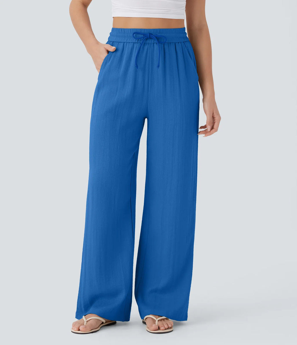 High Waisted Drawstring Pocket Wide Leg Linen-Feel Pants