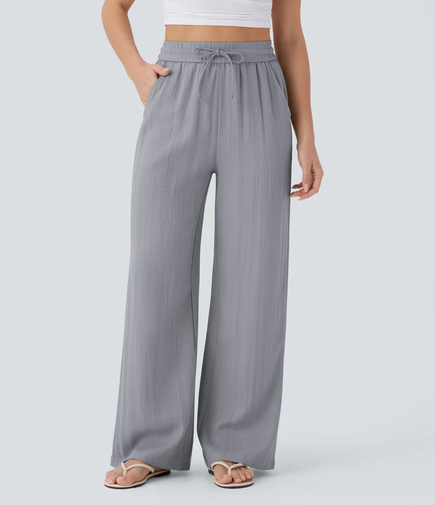 High Waisted Drawstring Pocket Wide Leg Linen-Feel Pants