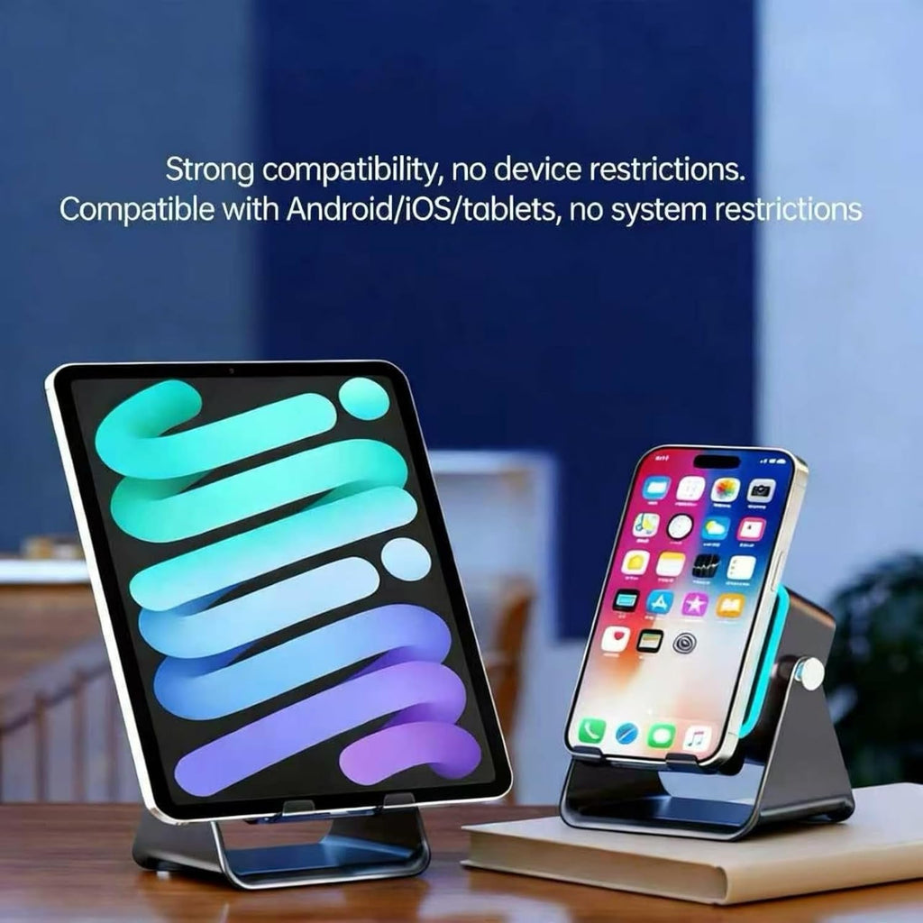 5-in-1 kabelloser Induktionslautsprecher, 360° verstellbarer Telefonständer mit kabellosem Bluetooth-Lautsprecher, Stereo-Sound, mehrere RGB-Umgebungslicht-Modi, 3500mAh wiederaufladbar, kompatibel mit iPhone, Geschenke für Männer und Frauen