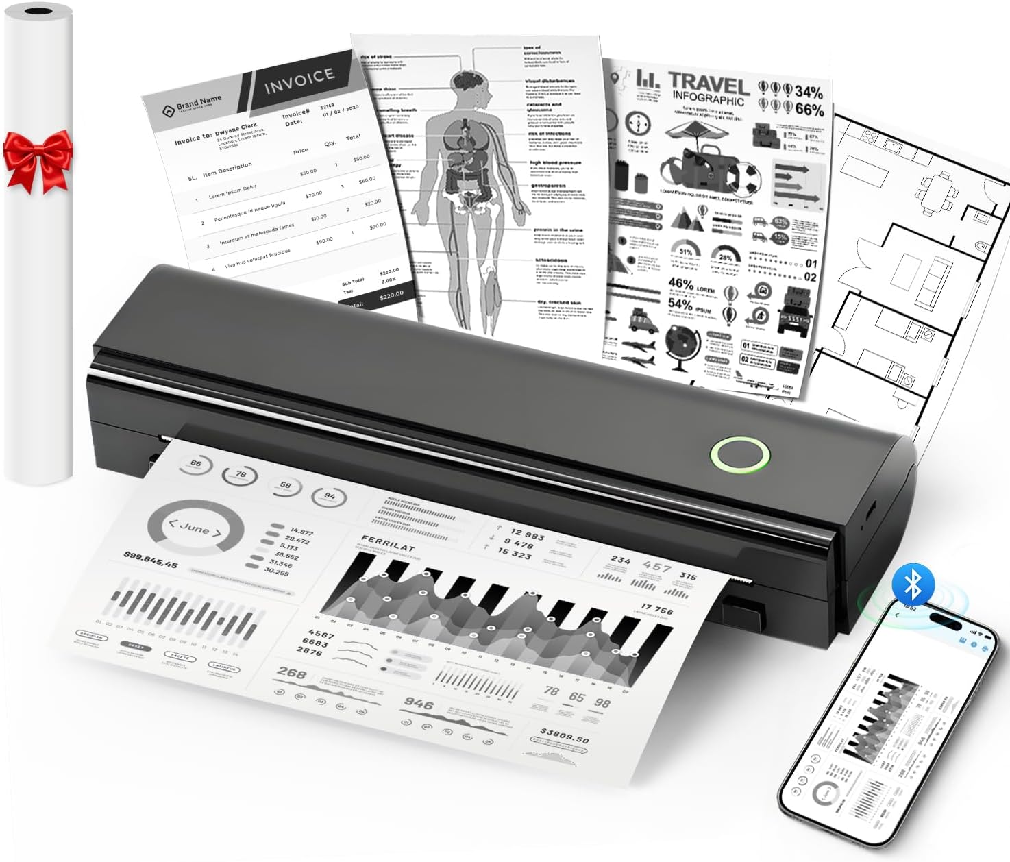 Portable Wireless Thermal Printer – Inkless Bluetooth Mini Printer for Travel, A4 & US Letter, iOS/Android/Laptop Compatible