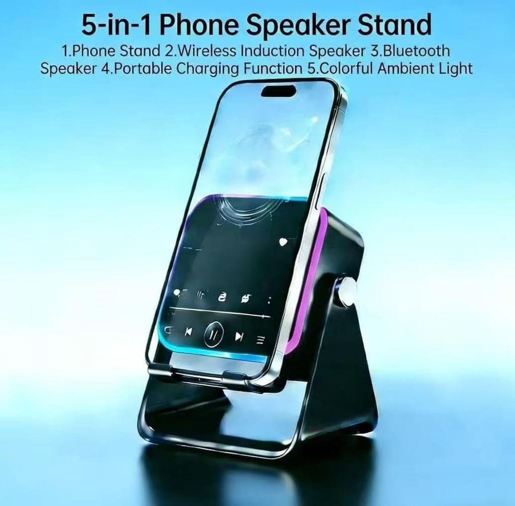 5-in-1 kabelloser Induktionslautsprecher, 360° verstellbarer Telefonständer mit kabellosem Bluetooth-Lautsprecher, Stereo-Sound, mehrere RGB-Umgebungslicht-Modi, 3500mAh wiederaufladbar, kompatibel mit iPhone, Geschenke für Männer und Frauen