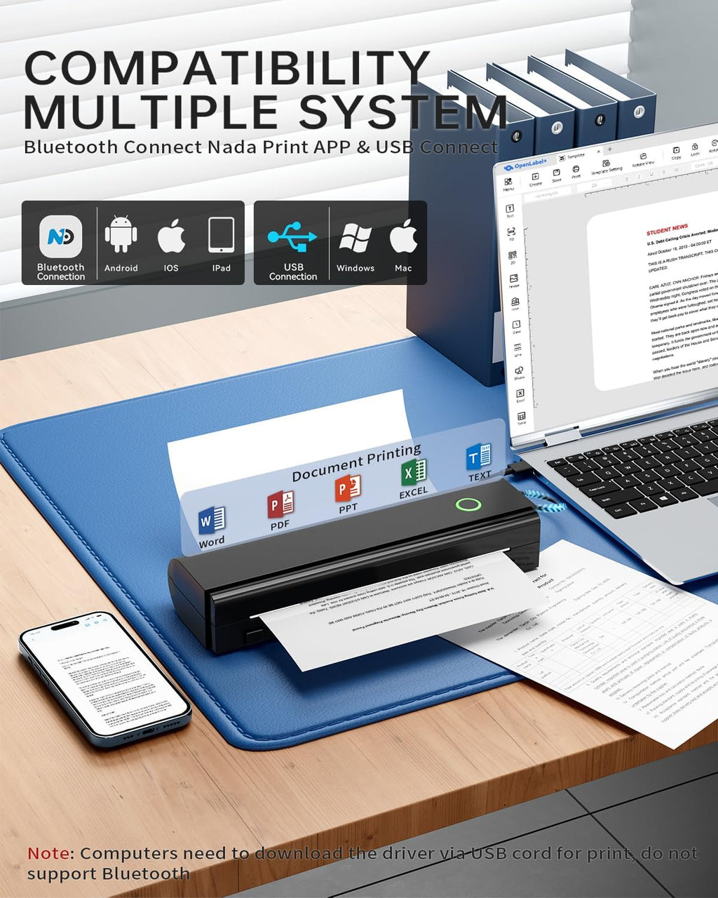 Impresora térmica inalámbrica portátil - Miniimpresora Bluetooth sin tinta para viajes, A4 y Carta de EE. UU., Compatible con iOS/Android/Portátil