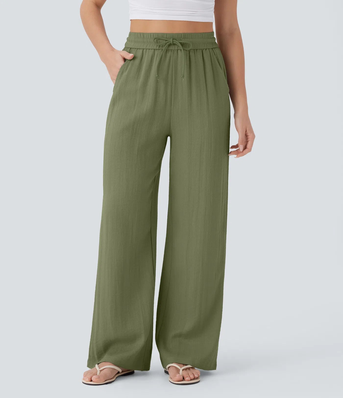 High Waisted Drawstring Pocket Wide Leg Linen-Feel Pants