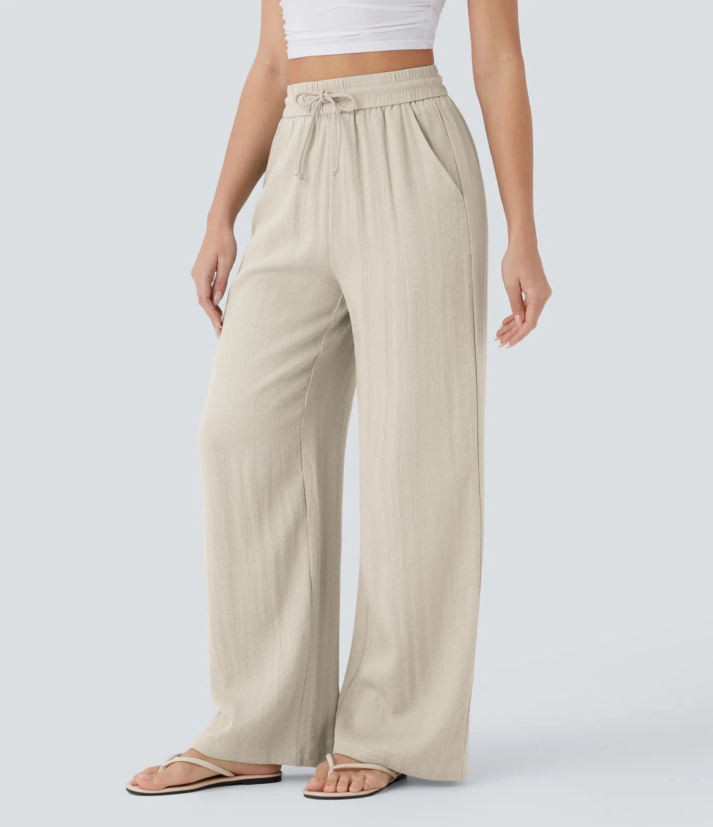 Wide leg drawstring casual pants full body view