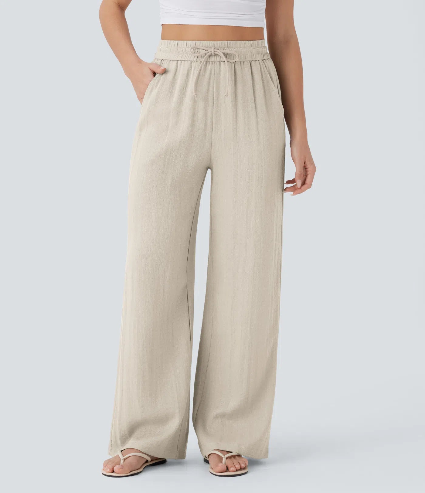 High waisted drawstring wide leg linen feel pants front and back view