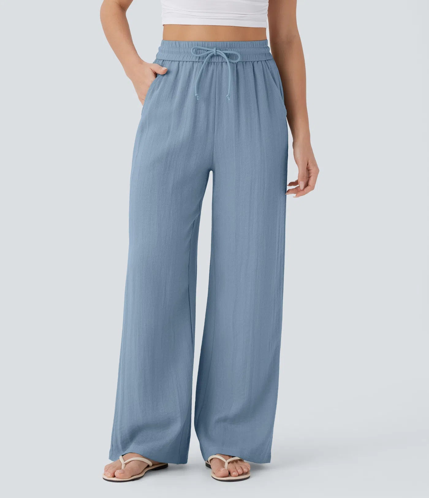 High Waisted Drawstring Pocket Wide Leg Linen-Feel Pants