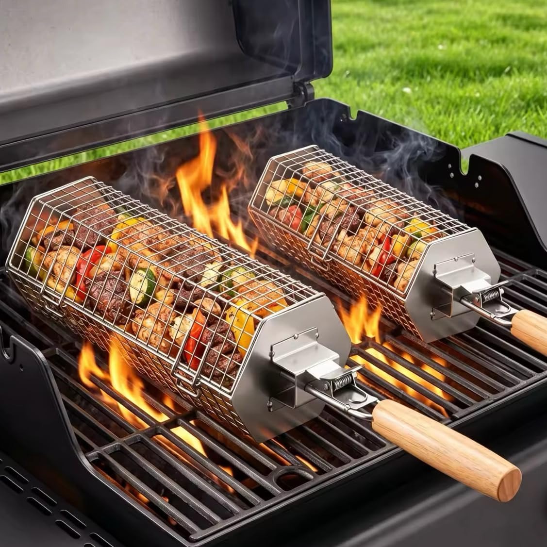 2pcs Rotating Grill Basket | Stainless Steel BBQ Grilling Basket